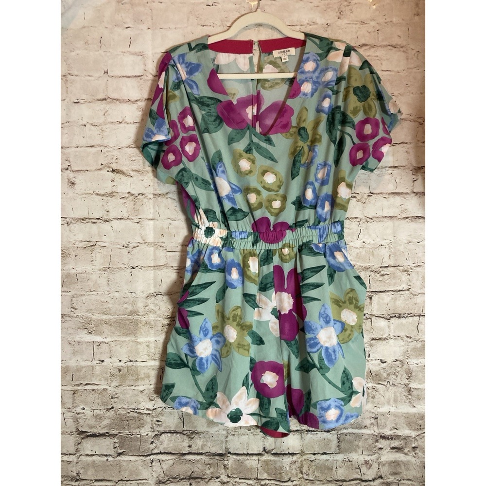 Umgee Romper Small Mint Green Tropical Floral Lightweight Pockets Flowy V-Neck
